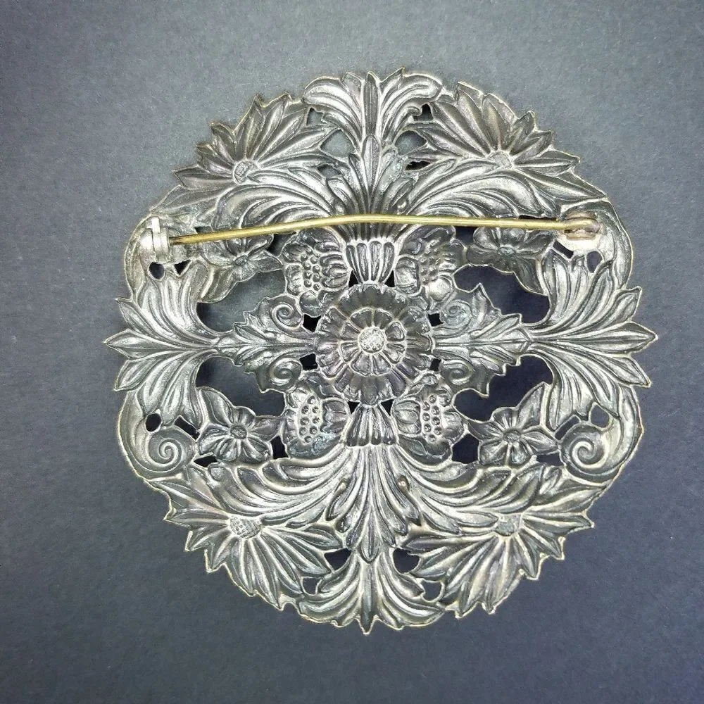 Vintage Large Floral Faux Pearl Brass Shield Brooch Pin